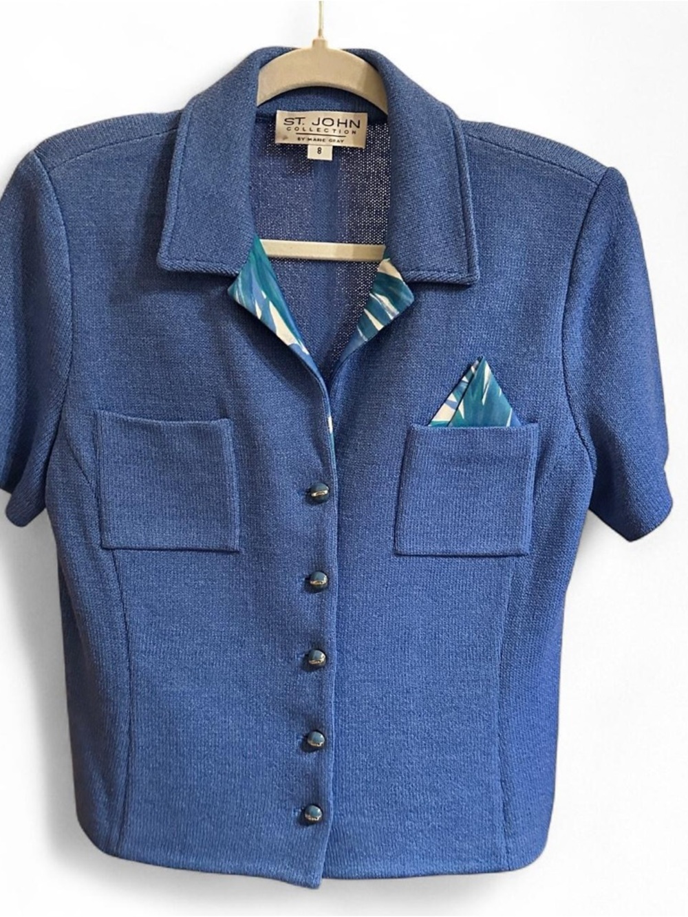 St. John Collection Blue Short Sleeve Knit Jacket with Patterned Trim